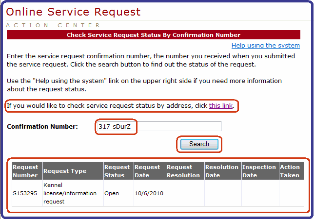 Check Service Request Status By Confirmation Number page's screenshot