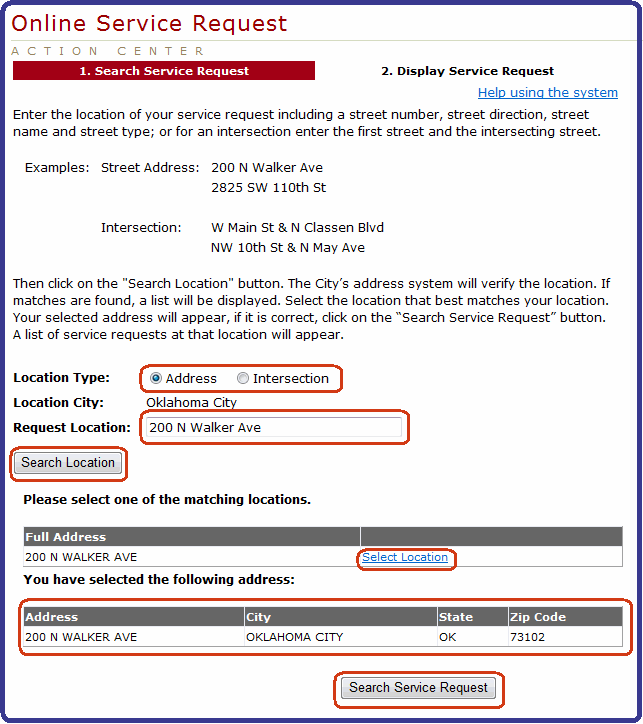 Check Service Request Status By Address - Search Service Request page's screenshot